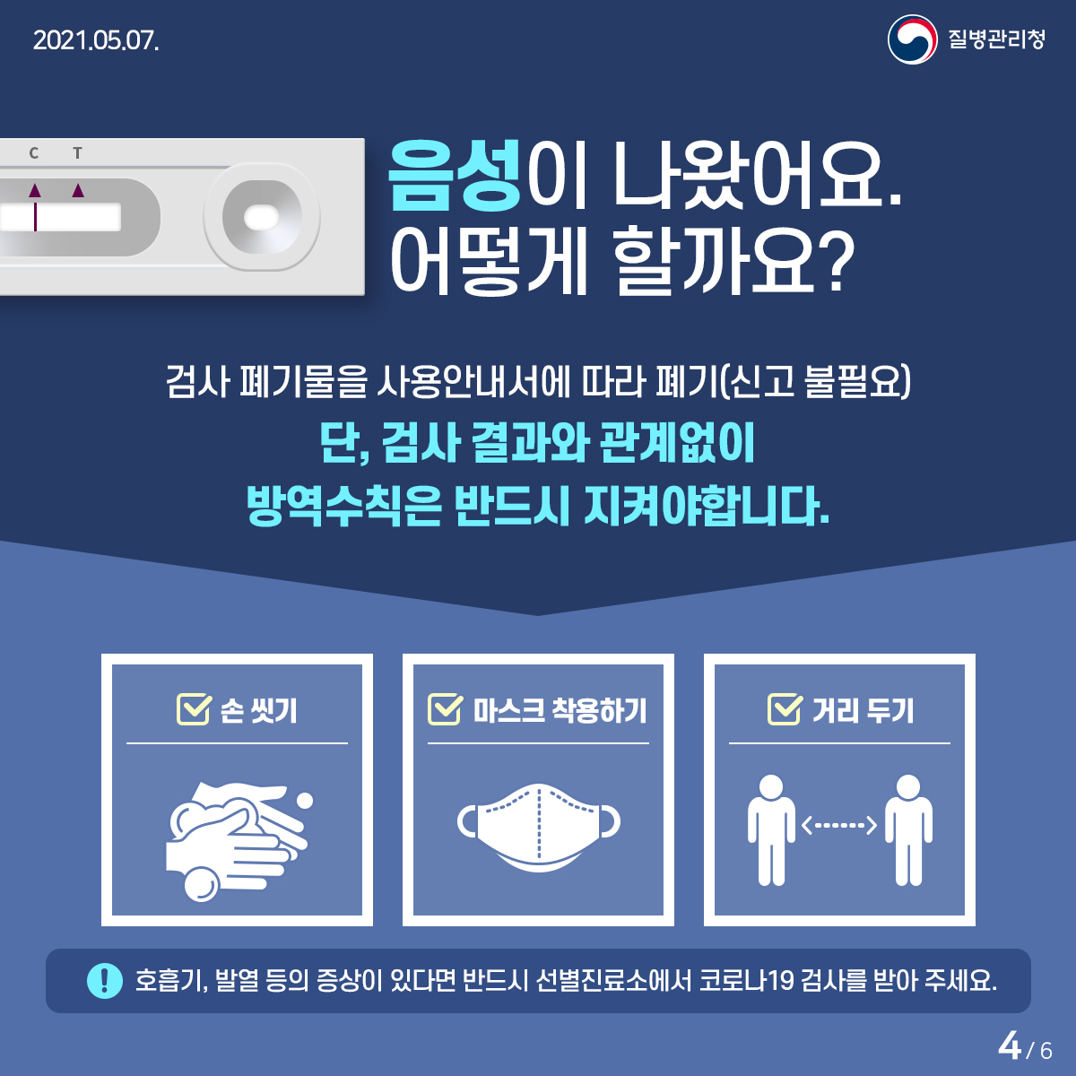 [질병관리청 21년 5월 7일 6페이지 중 4페이지] 음성이 나왔어요. 어떻게 할까요? 검사 폐기물을 사용안내서에 따라 폐기(신고 불필요) 단, 검사 결과와 관계없이 방역수칙은 반드시 지켜야 합니다. -손 씻기 -마스크 착용하기 -거리 두기 ! 호흡기, 발열 등의 증상이 있다면 반드시 선별진료소에서 코로나19 검사를 받아 주세요.